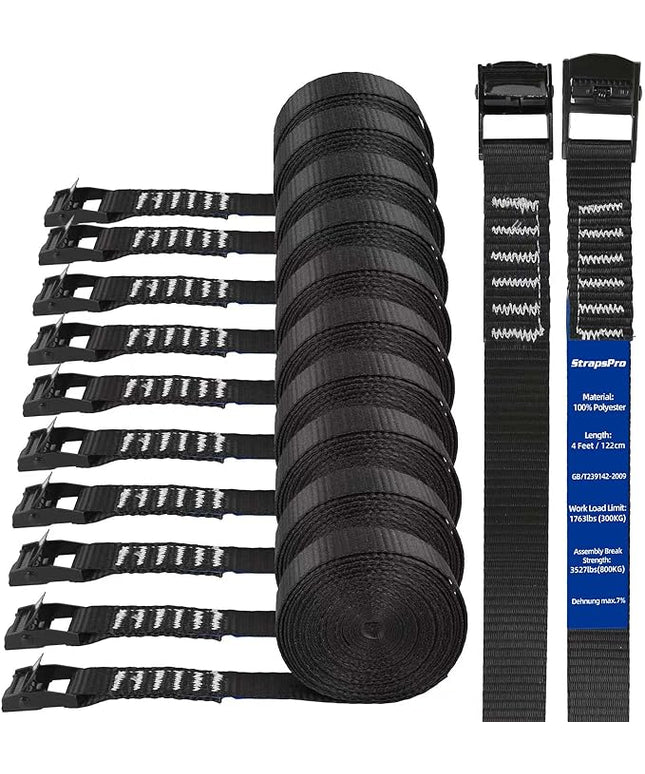 Lashing Straps, 4ft x 1 Inch Wide Cinch Strap with Buckles Adjustable Cam Straps, 1763lbs Heavy Duty Quick Pull Release Utility Nylon Black Cargo Tie Down Straps for Kayak Trucks Trailer Box, 12 Pack