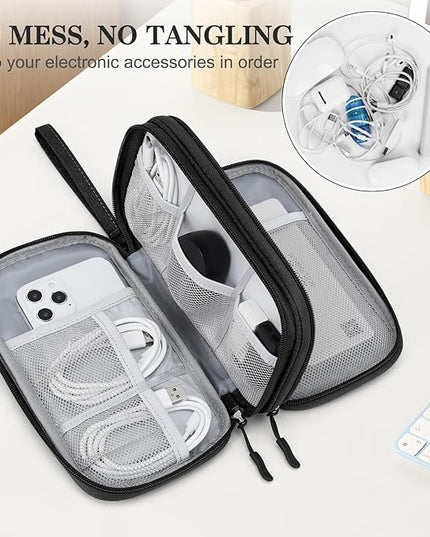 FYY Electronic Organizer, Travel Cable Organizer Bag Pouch Electronic Accessories Carry Case Portable Waterproof Double Layers Storage Bag for Cable, Cord, Charger, Phone, Earphone, Medium, Black