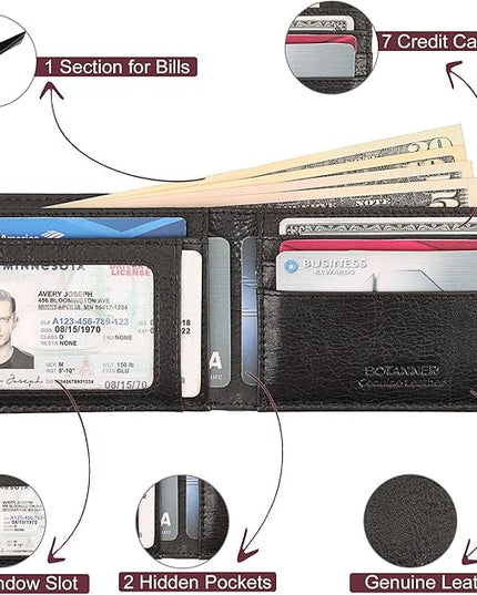 BOTANNER Genuine Leather Mens Bifold Wallet RFID Blocking 7 Credit Card Slots 1 ID Window 1 Section for Bills 2 Additional Slots | Jet black
