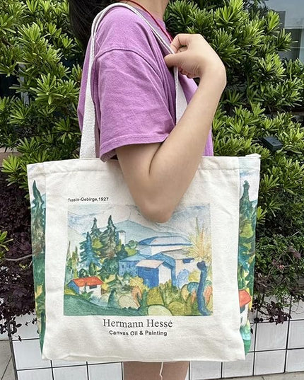 BROADREAM Aesthetic Canvas Tote Bag for Women, Vintage Reusable Book Tote Bag with Inner Zipper Pocket