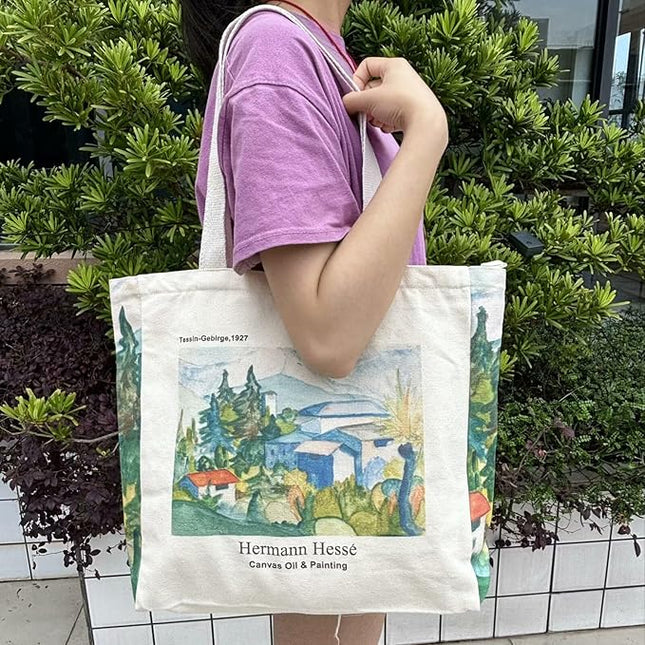 BROADREAM Aesthetic Canvas Tote Bag for Women, Vintage Reusable Book Tote Bag with Inner Zipper Pocket