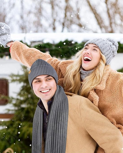 Men Women Winter Beanie Hats Scarf with Touchscreen Gloves Warm Knit Themal Gloves Long Scarf Set with Fleece Lined