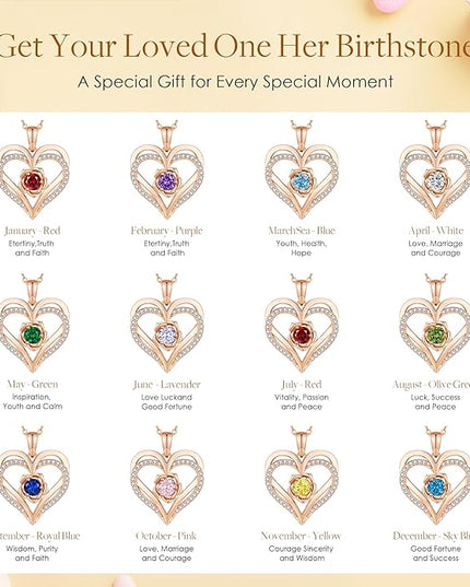 CDE Christmas Gifts for Women S925 Silver Rose Gold Heart Birthstone Necklaces for Women，Ideal Anniversary or Birthday Jewelry Gifts for Wife Girlfriend Her