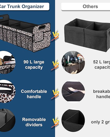 Femuar Collapsible Trunk Organizer - 90L Large Capacity with 15 Pockets, Waterproof for SUV/Car/Jeep/Sedan, Extra Large Leopard Print