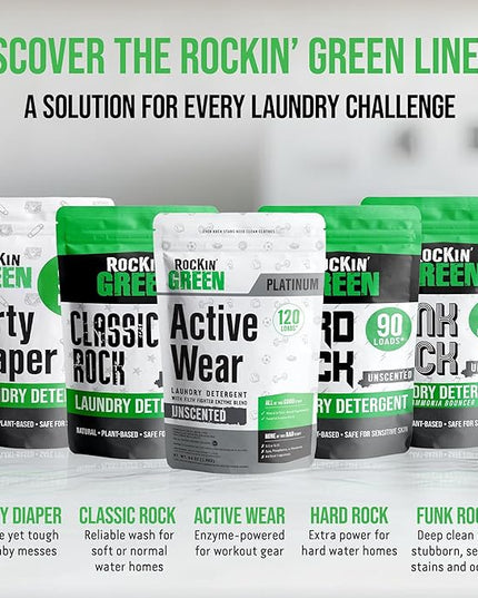 Rockin' Green Laundry Detergent, Plant based, All Natural Laundry Detergent Powder, Vegan and Biodegradable Odor Fighter, Safe for Sensitive Skin (Active Wear 120 Loads - Unscented)