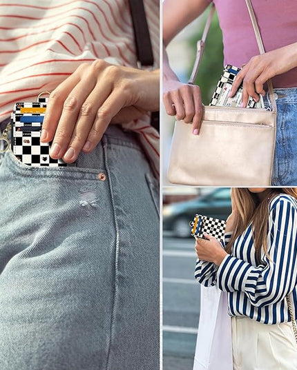 Slim Wallet Credit Card Holder, Checkered Pattern And Cake, RFID Wallet Women Cute Small Front Pocket Wallet With Zipper, PU Leather Thin travel RFID Blocking Card Case ID Window ,Ladies Gifts