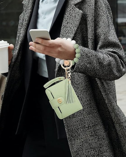 Multi-Purpose Wallet High Capacity Card Holder Zipper Coin Purse with Wristlet Bracelet Keychain Silicone Beaded Bangle Key Ring