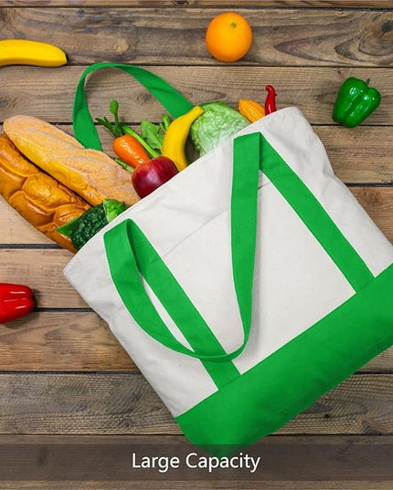 TOPDesign 3-Pack Canvas Tote Bags with an External Pocket, Reusable Grocery Shopping Bags, Top Zipper Closure, Daily Essentials (Lime Green/Natural)