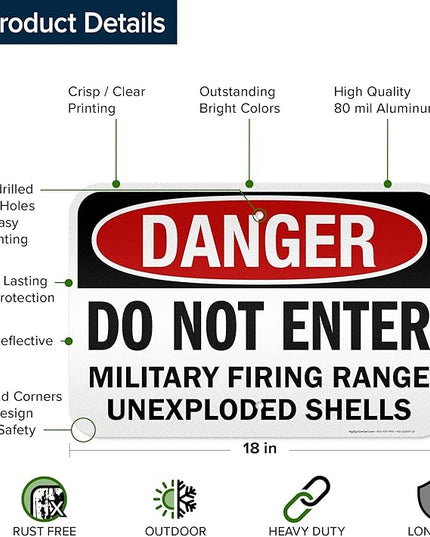 Danger Do Not Enter Military Firing Range Unexploded Shells Sign, 12x18 Inches, 3M EGP Reflective .063 Aluminum, Fade Resistant, Made in USA by My Sign Center