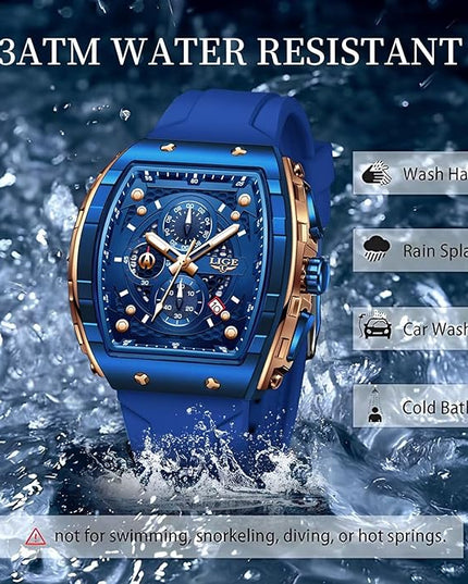 Mens Watches,Unique Rectangular Quartz Analog Watch,Outdoor Sports Multi-Function Watch,Chronograph/Waterproof/Luminous/Calendar,Durable Silicone Strap Mens Casual Watches
