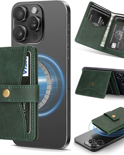 Ultra-Thin Magnetic Wallet Card Holder for iPhone and All MagSafe Protective Cases,Premium PU leather, powerful magnetic closure, stand function, 6 card slots (Green)