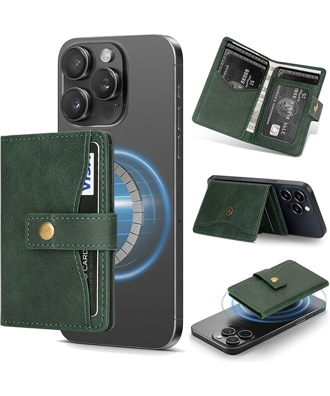 Ultra-Thin Magnetic Wallet Card Holder for iPhone and All MagSafe Protective Cases,Premium PU leather, powerful magnetic closure, stand function, 6 card slots (Green)