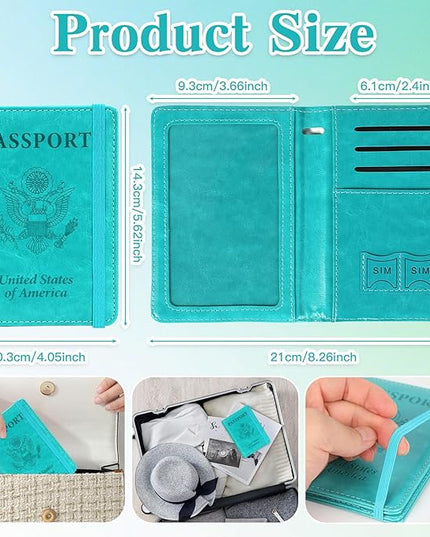 Passport Holder for Travel, RFID Blocking Passport Cover with Pen Holder Leather Passport Wallet Case Travel Must Haves Accessories Passport Book Card Holder for Family Travel Essentials, Turquoise