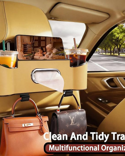 Car Backseat Organizer for Kids & Travelers - 4 in 1 Multifunctional Car Seat Back Storage with Cup Holder, Tissue Box, Snack/Handbag Holder - Nappa Leather Universal Fit for SUV/Van/Sedan (Beige)