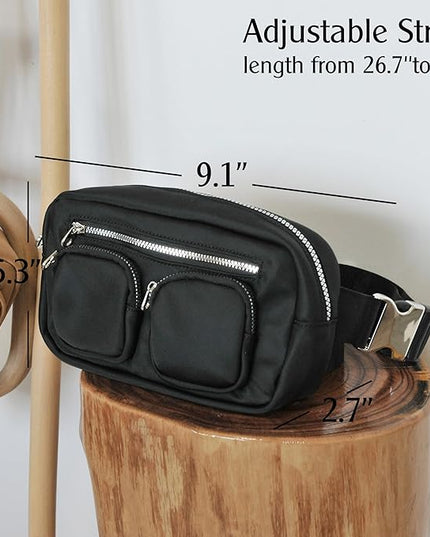 Women's Zipper Pockets Fanny Packs Nylon Waist bag Everywhere Belt bag (Black)