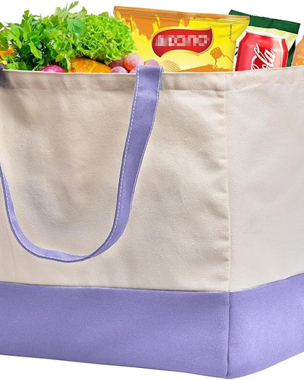 Reusable Grocery Bags Heavy Duty, 8.3 gal Foldable Large Canvas Tote Bag with Handles, Holds 60 lbs Canvas Shopping Bags, 1 Pack（Off White+Light purple）