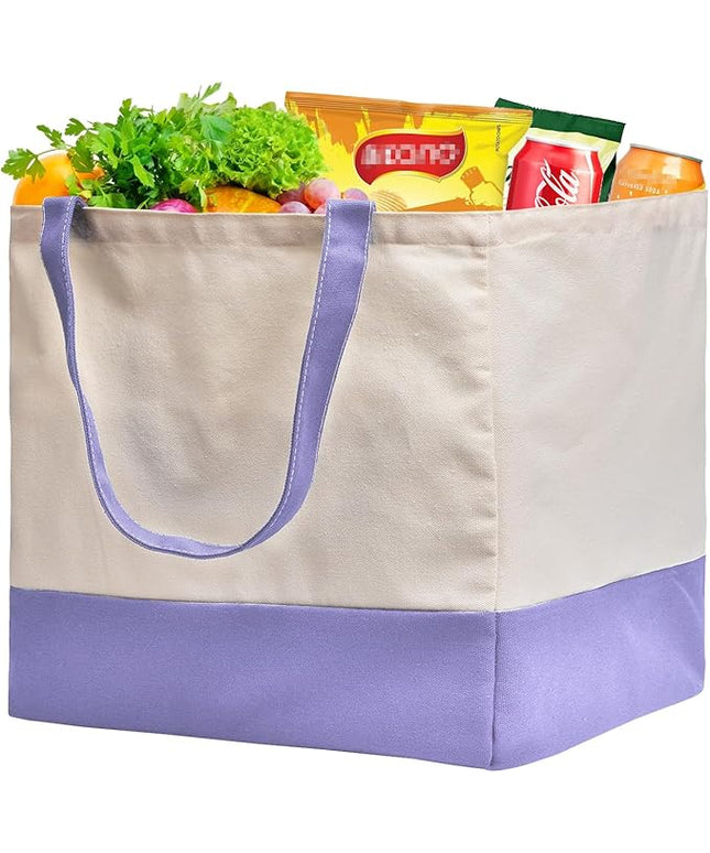 Reusable Grocery Bags Heavy Duty, 8.3 gal Foldable Large Canvas Tote Bag with Handles, Holds 60 lbs Canvas Shopping Bags, 1 Pack（Off White+Light purple）