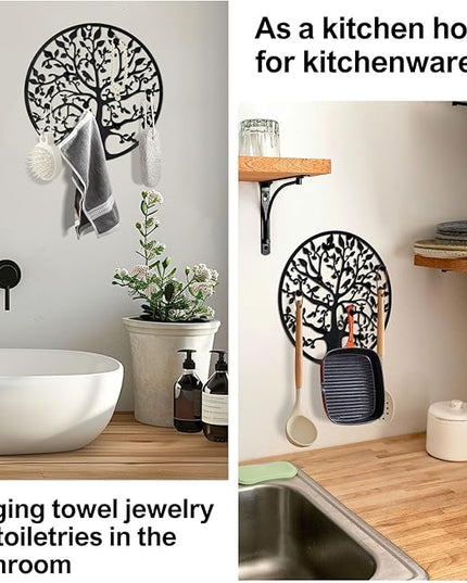 ZULONG Round Decorative Home Key Holder Wall Mount, 2 Pack Metal Tree Car Key Rack for Wall Organizer for Keys, Wallets, Hats, Used for Decor for House Entryway, Kitchen, Garage, Office (12" Black)