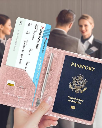 ACdream RFID BLOCKING Passport Holder Travel Wallet, Premium PU Leather Cover Passport Book with Card Holder, Pen Holder, Keep Organization, and Travel Essentials for Women and Men, Rose Gold