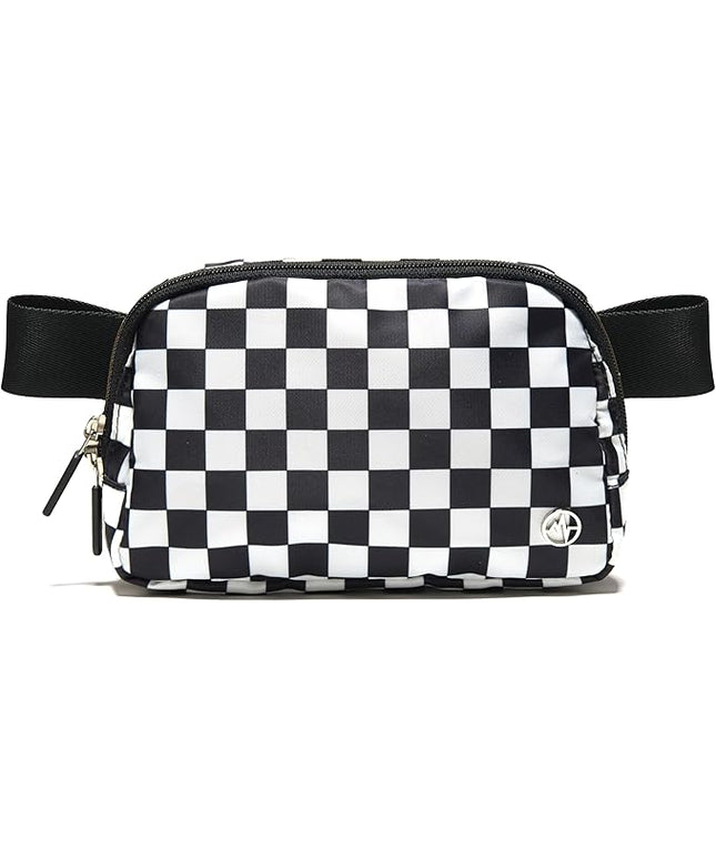 Pander Two Way Zipper Fanny Pack Nylon Everywhere Belt Bag for Women, Water Repellent Waist Packs, Crossbody Bags with Adjustable Strap (Checkered Black)