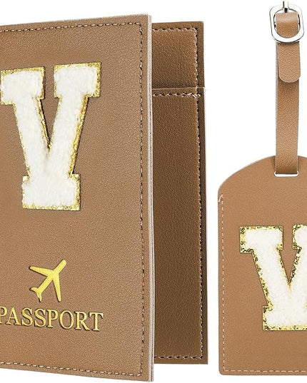 PATIKIL Passport Holder for Travel, Initial Passport Cover and Luggage Tag Set with Alphabet Chenille Letter Patch Travel Wallet Bag Suitcase Identifier for Women Family Travel Brown V