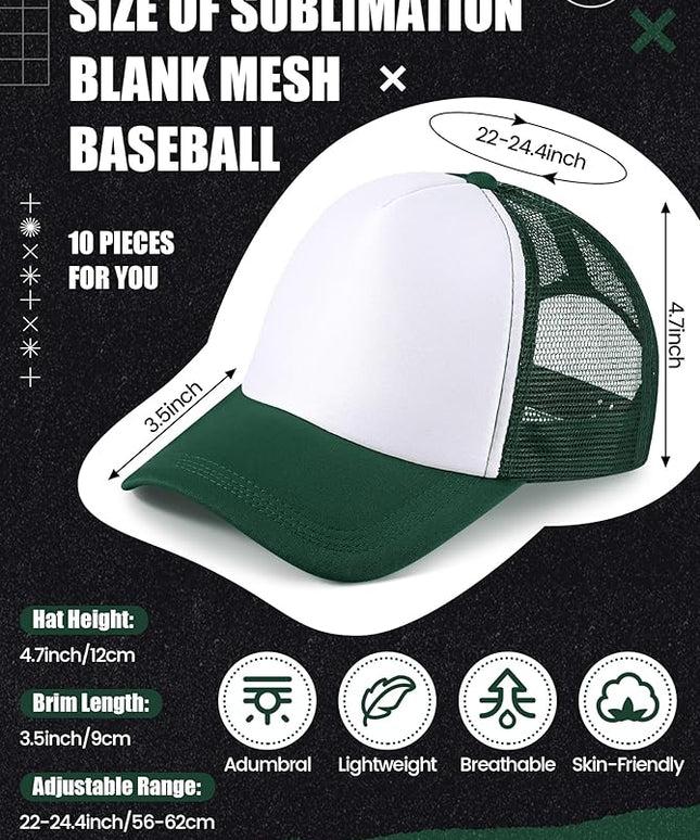 10 Pcs Sublimation Blank Trucker Hats Bulk Mesh Baseball Cap Polyester Mesh Trucker Hat for Men and Women