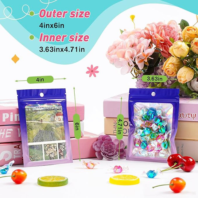 Funfery 300 Pack Smell Proof Resealable Bags for Food Storage,Holographic Bags 4x6 Purple Pink Mylar Clear Packaging Bag- Scent Proof for Cookies, Zip Foil Pouch for Small Business