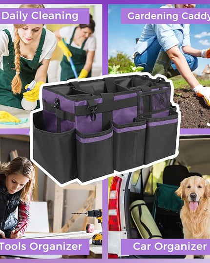 Wearable Cleaning Caddy, Cleaning Caddy Supplies Organizer with Handle & Shoulder Straps for Housekeepers, Under Sink & Car Cleaning Tool Organizers Bag with 4 Foldable Divider (Purple)