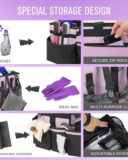 Wearable Cleaning Caddy, Cleaning Caddy Supplies Organizer with Handle & Shoulder Straps for Housekeepers, Under Sink & Car Cleaning Tool Organizers Bag with 4 Foldable Divider (Lilac)