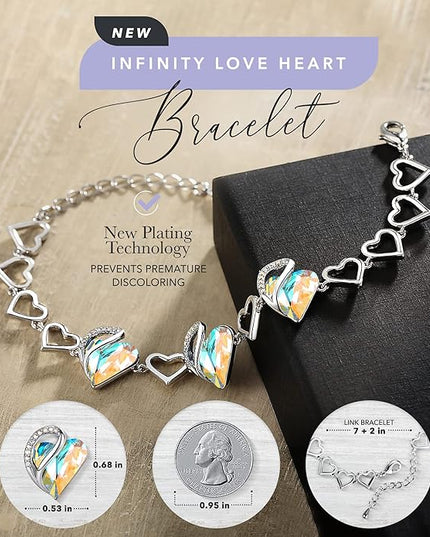 Leafael Infinity Love Heart Link Bracelets, Birthstone or Healing Stone Crystal Bracelet for Women, Silver Tone Jewelry Gifts for Her, 7-inch Chain and 2-inch Extender