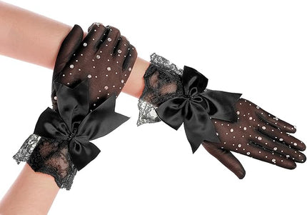 Lace Gloves for Women - Short Bow Rhinestone Tulle Sheer Sparkly Evening Stretchy Gloves for Wedding Opera Party