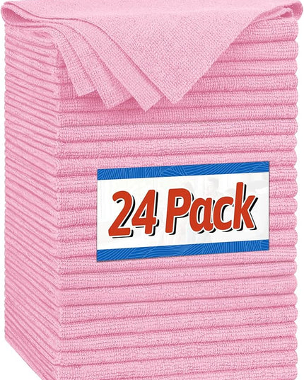 FIXSMITH Microfiber Cleaning Cloth, Shop Towels Bulk, 24 Pack Pink Microfiber Towels for Cars, All-Purpose Absorbent Cleaning Rags, Dust Cloth for Automotive, Mechanic, Garage, Bar, 12 x 11 inch