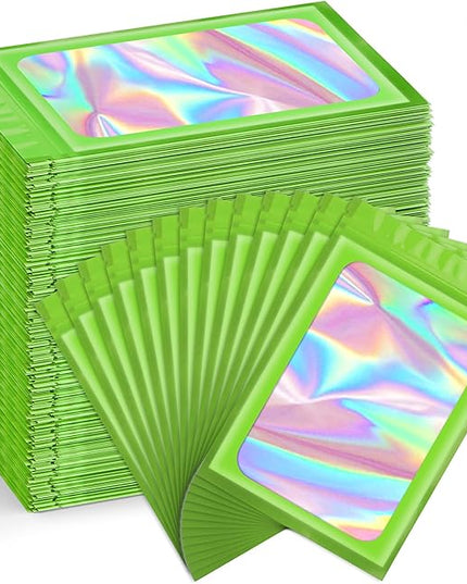 Funfery 300 Pack Smell Proof Resealable Bags for Food Storage,Holographic Bags 4x6 Green Mylar Clear Packaging Bag- Scent Proof for Cookies, Zip Foil Pouch for Small Business