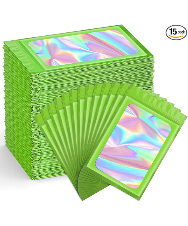 Funfery 300 Pack Smell Proof Resealable Bags for Food Storage,Holographic Bags 4x6 Green Mylar Clear Packaging Bag- Scent Proof for Cookies, Zip Foil Pouch for Small Business