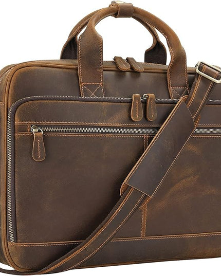 Jack&Chris Full Grain Leather Briefcase for Men, Business Messenger Bag Laptop Bag Attache Case, Fits 15.6 Inch Laptop