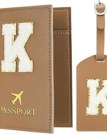 PATIKIL Passport Holder for Travel, Initial Passport Cover and Luggage Tag Set with Alphabet Chenille Letter Patch Travel Wallet Bag Suitcase Identifier for Women Family Travel Brown K