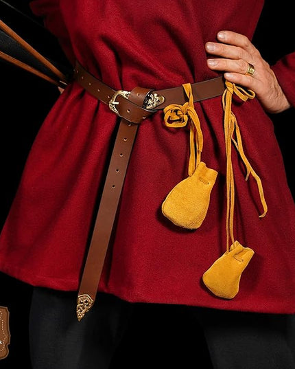 Mythrojan Small Trinket Pouches Suede Leather Drawstring Coin & Dice Bags for LARP, SCA, Viking & Medieval Events (Yellow - Pack of 2)