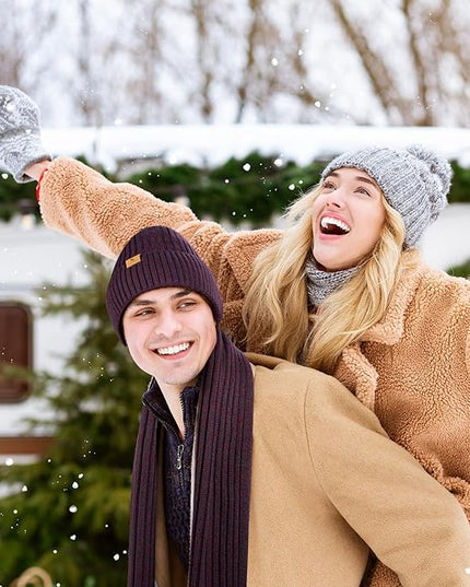 Men Women Winter Beanie Hats Scarf with Touchscreen Gloves Warm Knit Themal Gloves Long Scarf Set with Fleece Lined
