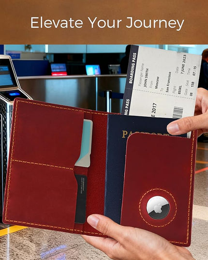 Passport Holder for Travel, Genuine Leather Passport Holder with Airtag, Rfid Passport Wallet Cover Case for Women Men, Travel Essentials Gift,Red