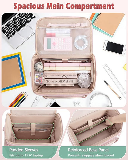 Rolling Teacher Bag with 15.6" Laptop Compartment, Wheeled Work Briefcase Tote with Detachable Trolley for Women, Pink