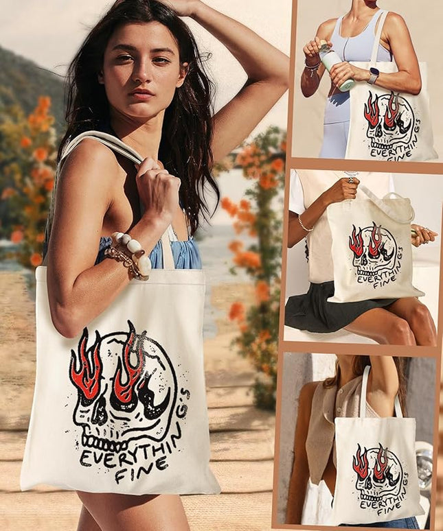 Aesthetic Canvas Tote Bag for Women - Sturdy Cloth Cotton Totes Bag with Pattern Shoulder Bag