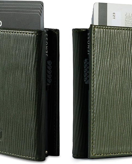Jenoss Smart Wallet For Men: Full Grain Leather, Handcrafted, Slide Metal Pop Up Case, Slim RFID Blocking Credit Card Holder, Minimalist, Compact - 9-12 Card Organizers | ID | Money Clip (EPI Green)