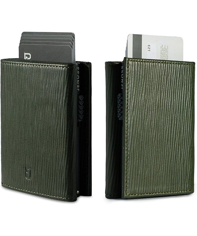 Jenoss Smart Wallet For Men: Full Grain Leather, Handcrafted, Slide Metal Pop Up Case, Slim RFID Blocking Credit Card Holder, Minimalist, Compact - 9-12 Card Organizers | ID | Money Clip (EPI Green)