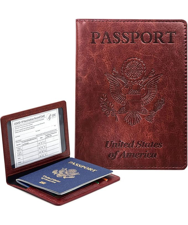 Passport Holder Cover Wallet Case RFID Blocking Leather Card Slot Travel Accessories Documents Organizer Protector for Women Men, Brown