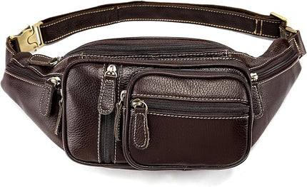 Genuine Leather Fanny Pack large capacity Crossbody Waist Bag with Zipper phone Pockets coffee