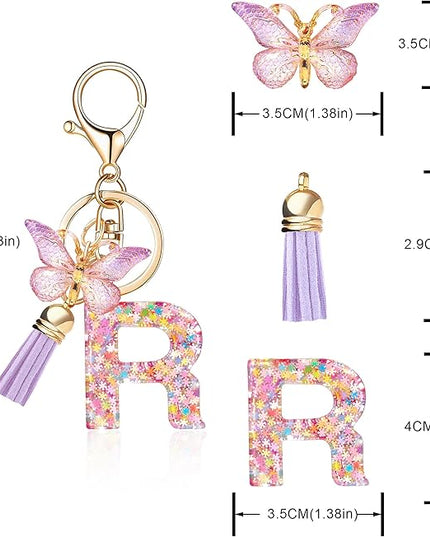 Fashion Alphabet Initial Letter Keychain Tassel Butterfly Pendant Key Ring for Purse Handbags Women Girl