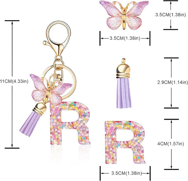 Fashion Alphabet Initial Letter Keychain Tassel Butterfly Pendant Key Ring for Purse Handbags Women Girl