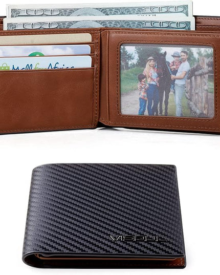 VISOUL Leather Mens Bifold RFID Blocking Wallet with 2 ID Windows, Leather Wallet for Men (Carbon Fiber, Black+Brown)