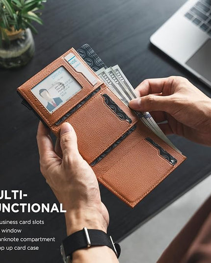 VULKIT Pop up Card Wallet Minimalist Cash Wallets RFID Blocking Leather Smart Credit Card Holder with ID window for Men