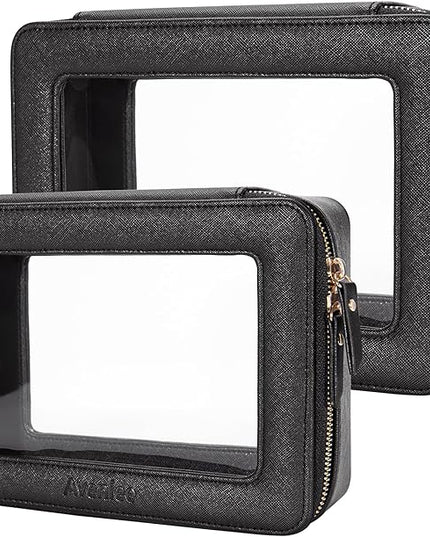 Aveniee Clear Makeup Bag Set,Portable Travel Toiletry Bag Cosmetic Case for Women,Vegan Leather Make Up Pouch Organizer Car Bag for Essentials 2pcs,Middle & Large,Black